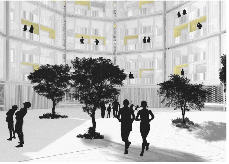 Vibrant Communal Spaces – A reimagined urban courtyard fostering social interaction and green living.
