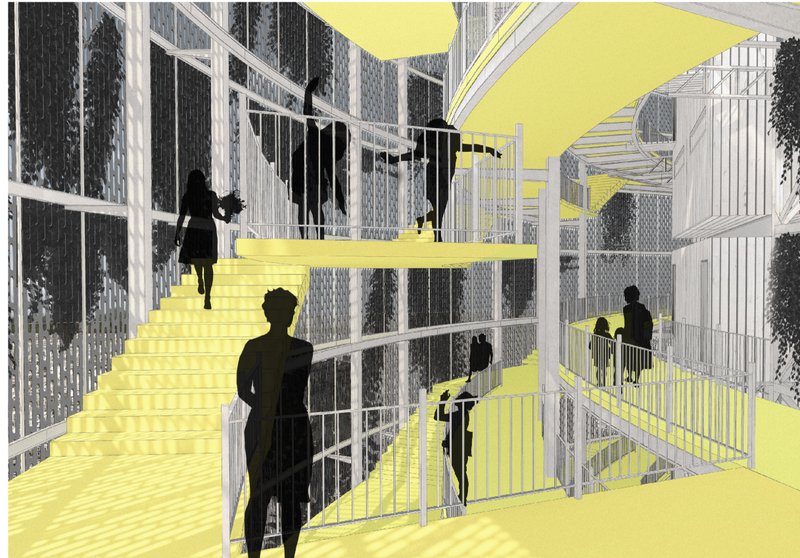 Vertical Circulation Hub – Fluid, interconnected spaces promoting movement and social engagement.