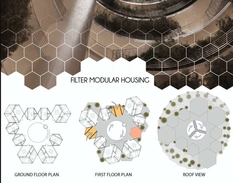 Smart Spatial Planning: The ground, first floor, and roof plan showcasing the innovative honeycomb-inspired modular housing design.