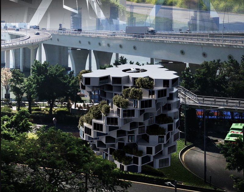 A Future-Ready Habitat: The modular housing project set within an urban landscape, harmonizing modernity with sustainability.