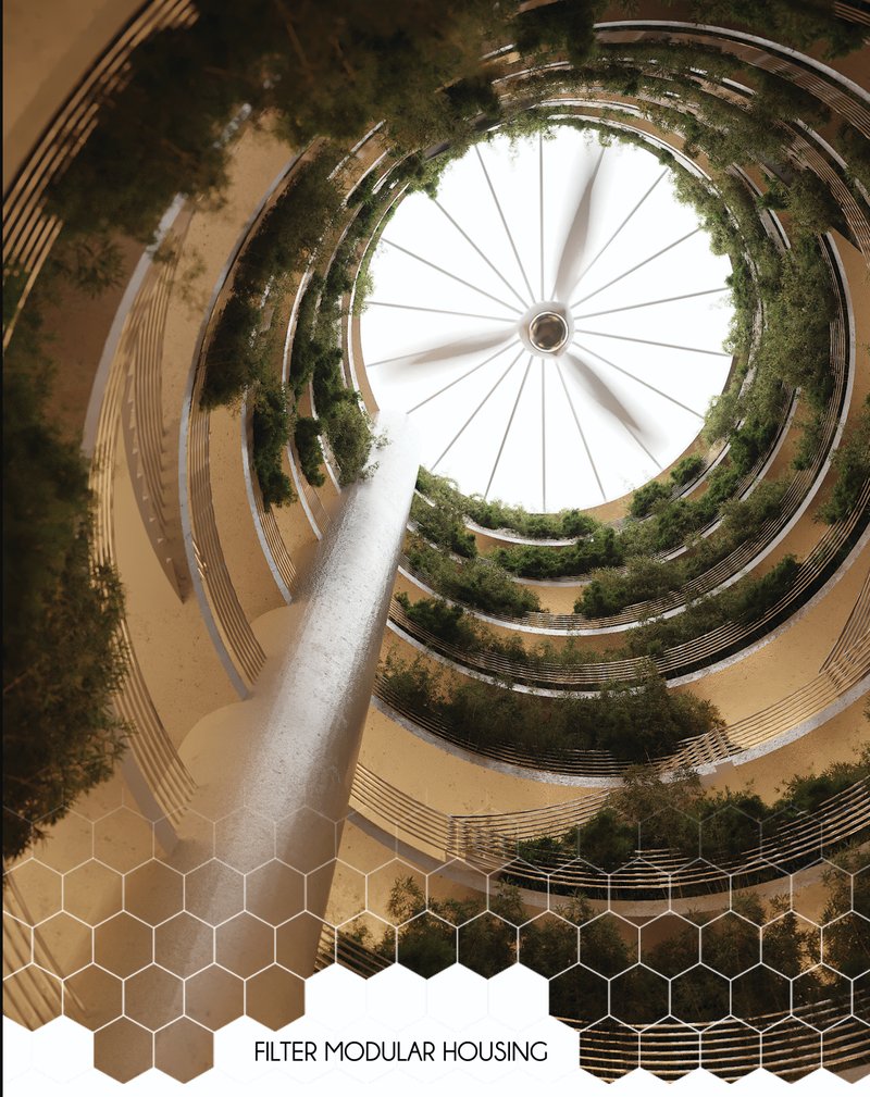Vertical Oasis: A stunning interior view of the eco-friendly Filter Modular Housing, designed to purify air and enhance urban living.
