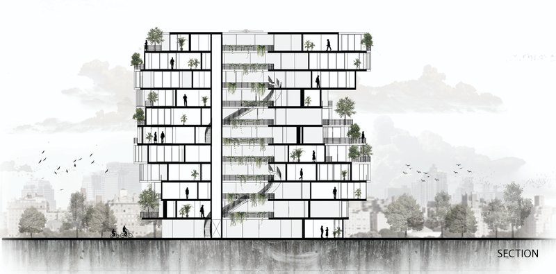 Sustainable Living in Structure: A sectional view illustrating green balconies, communal spaces, and airflow optimization.