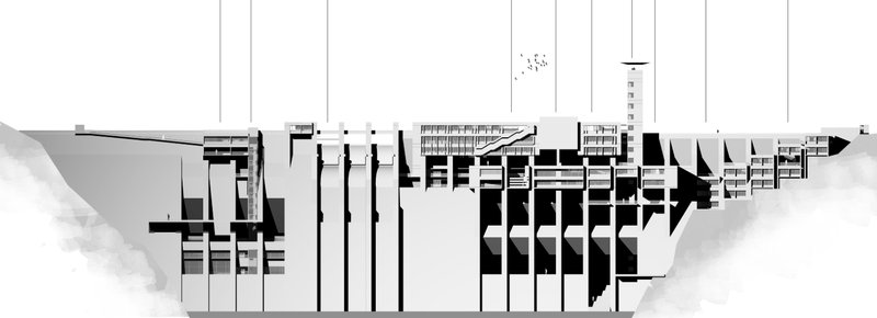Structural Elevation – A technical elevation highlighting the dam’s adaptive architectural approach.