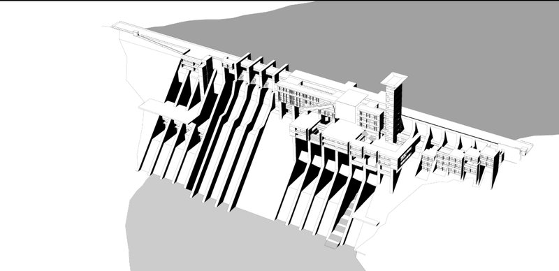Perspective from Hilltop – Aerial perspective showcasing the large-scale hydrological infrastructure blending with the landscape.