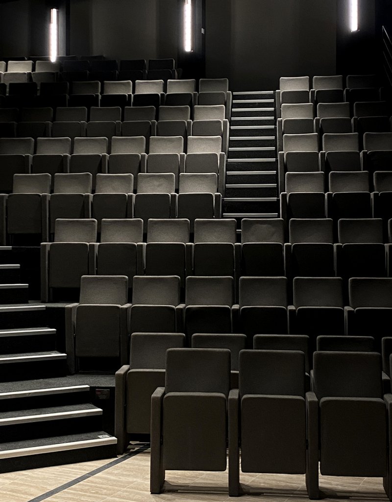 Stepped auditorium seating illuminated by vertical light strips against black walls and ceiling