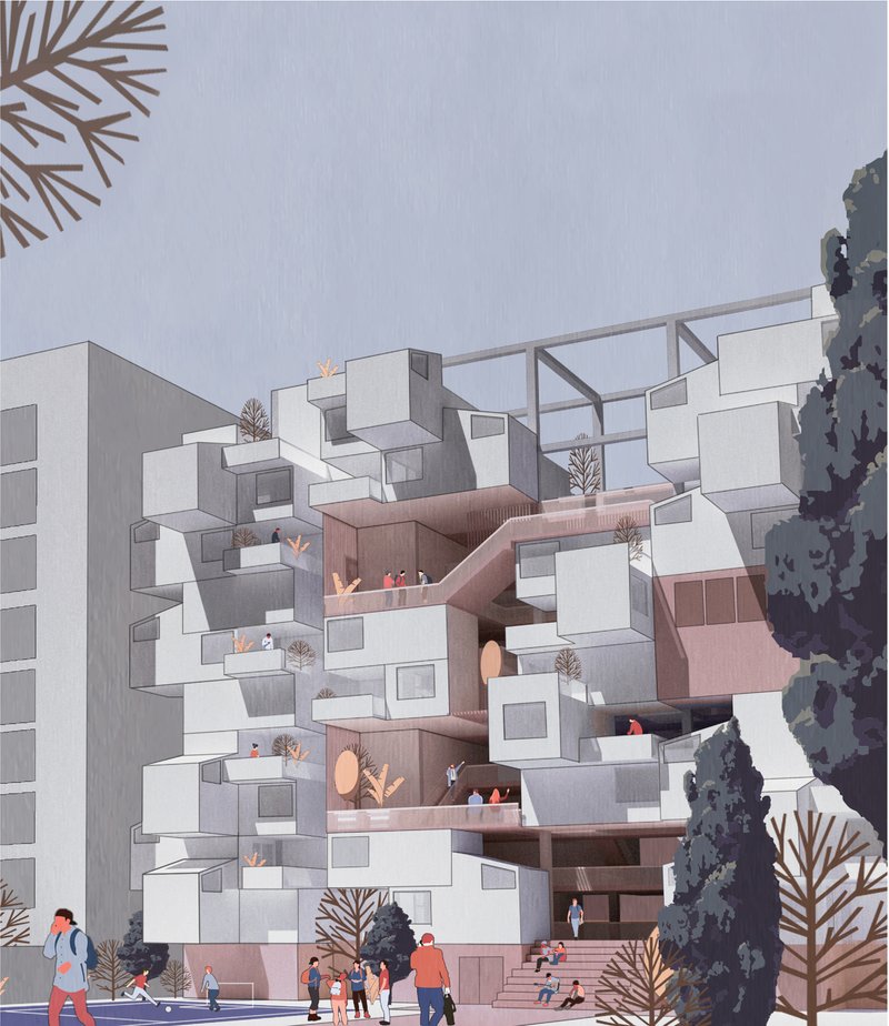 Vertical Neighborhood – A dynamic facade integrating private and communal spaces for enriched urban living.