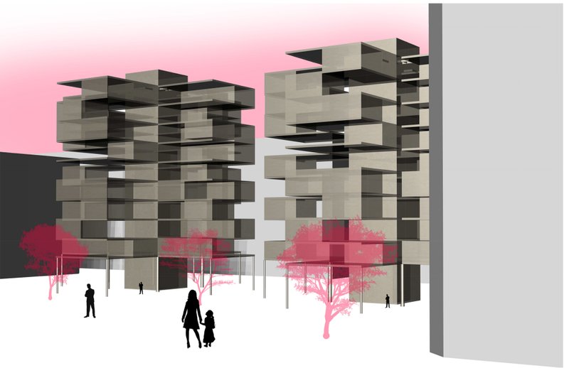 Urban Configuration – Modular housing integrated within an urban grid for efficient land use.
