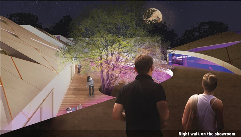 Nightscape experience – A glowing architectural promenade under the moonlight.