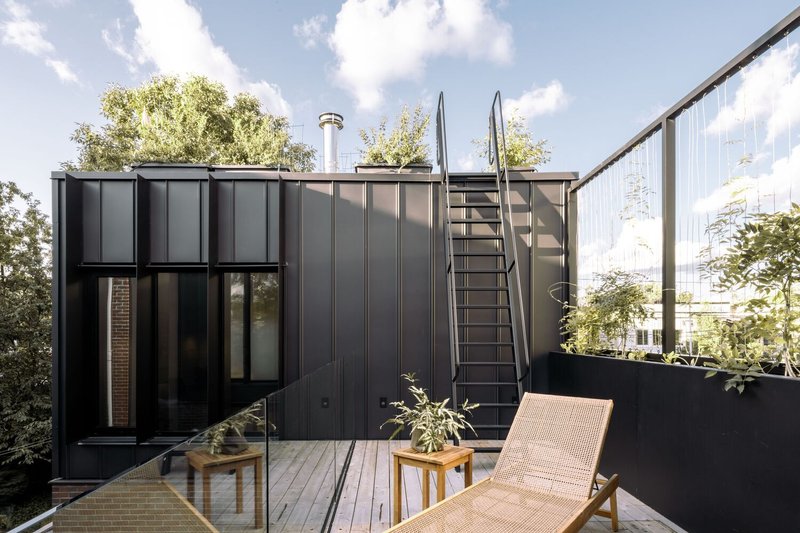 Rooftop deck with metal stair ladder and rattan lounger surrounded by planted screens and neighboring houses