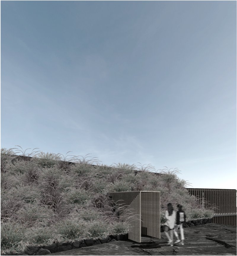 The entrance to TERRAZAS seamlessly integrates with the landscape, showcasing sustainable architecture in harmony with its surroundings.