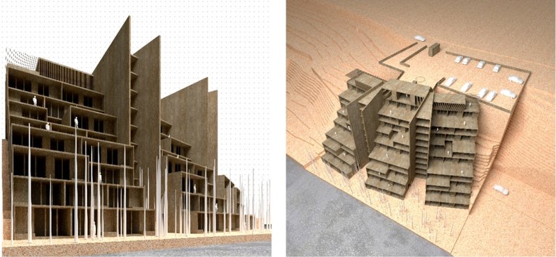 A side perspective illustrating how the project maximizes land use while maintaining an organic, structured aesthetic