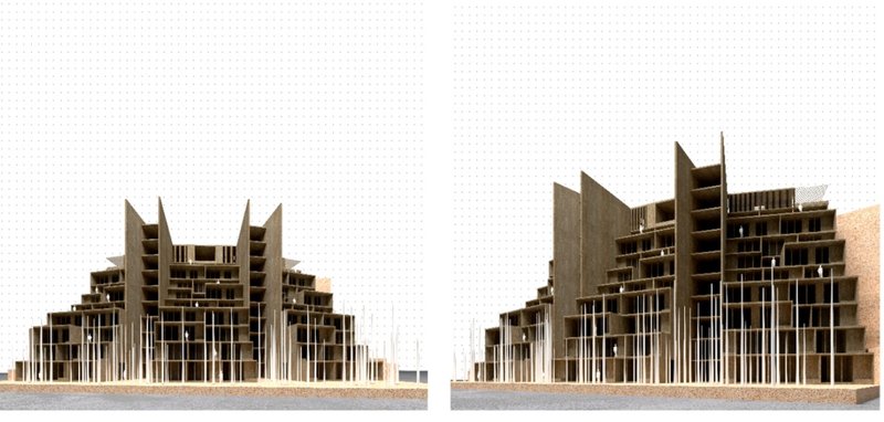 A detailed front view showing the rhythmic play of open and closed spaces, optimizing light and shade for a comfortable living environment.