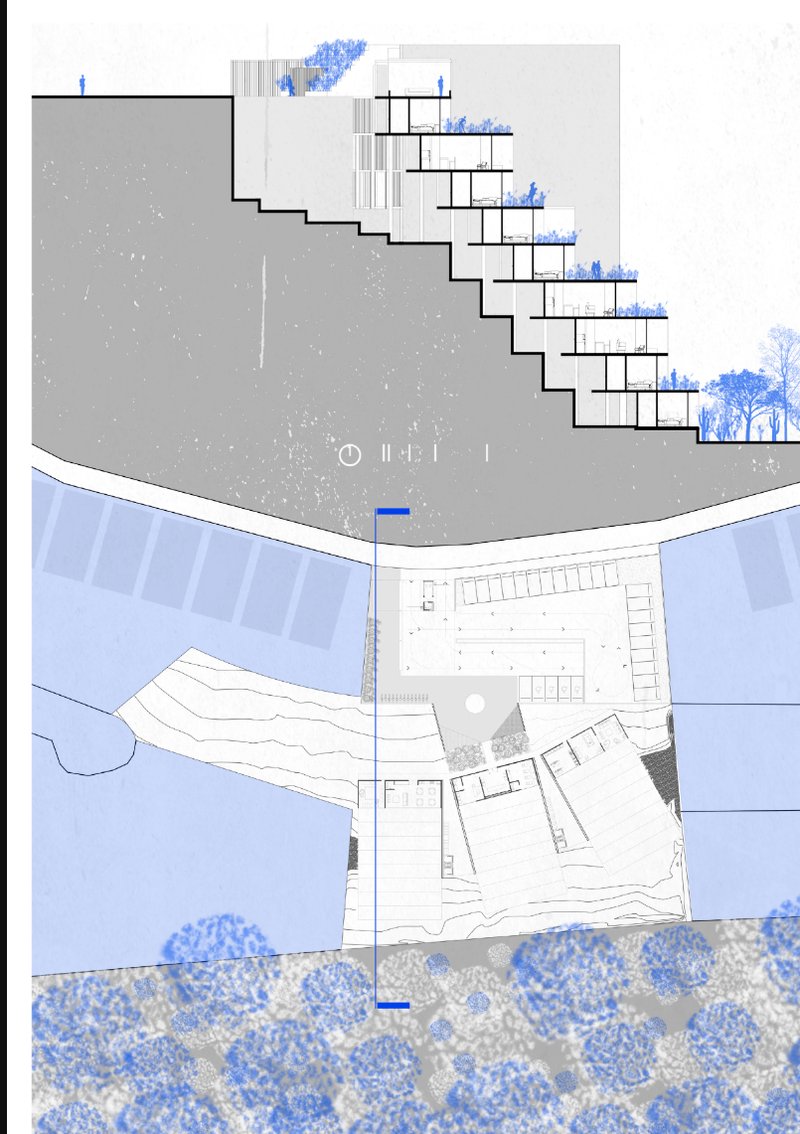 &nbsp;A cross-sectional diagram demonstrating the project’s spatial hierarchy, green terraces, and seamless integration with the terrain.