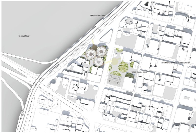 Site plan showing three circular volumes along a river with pedestrian zones and surrounding urban fabric