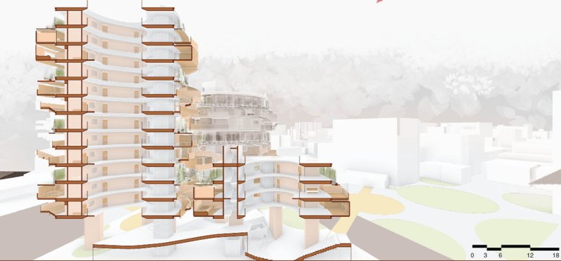 Section perspective showing timber frame towers with planted terraces in a misty urban setting
