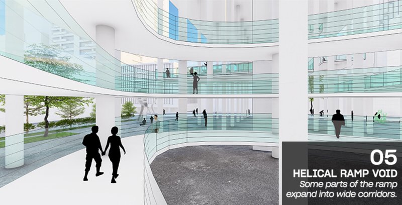 Interior atrium with curved glass walls and a dark circular floor element at the base