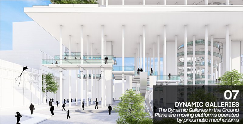 Covered plaza with white columns and suspended bridges connecting stacked levels under a flat roof