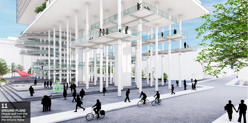 Ground level public plaza with white columns supporting stacked platforms and people walking beneath tree canopy