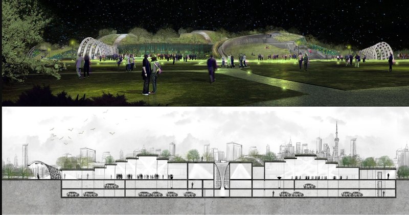 Night View &amp; Section – A sustainable green memorial park that transforms urban remembrance into a living landscape.