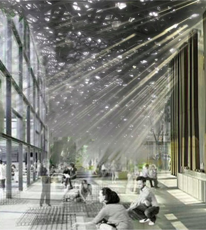 Interior Sunlit Space – A light-filled gathering space integrating natural elements and urban adaptability.