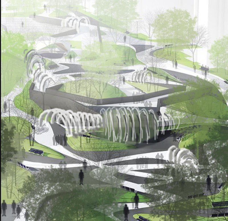 Layered Green Walkways – An evolving park structure that grows over time, embodying perpetual memory.