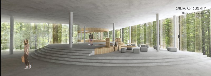 A fluid, multi-level communal area embraces natural light, organic materials, and sustainable architecture.