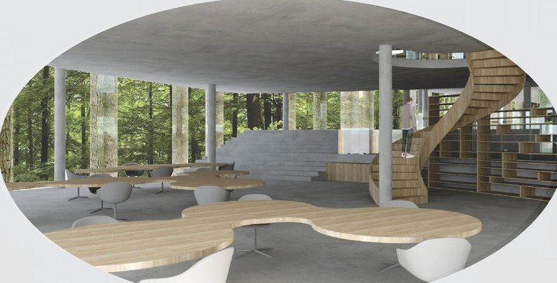 A curved, nature-infused lecture space fosters focus, creativity, and immersive learning.