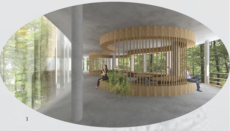 A circular wooden structure integrates nature, fostering relaxation and interaction in a sustainable environment.
