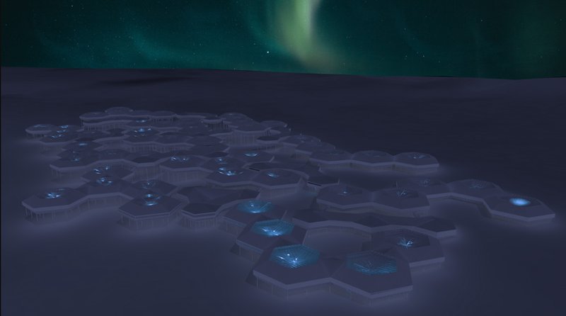 Helicom Habitat at Night – The settlement illuminated under the aurora borealis, showcasing its resilient and energy-efficient architectural design.