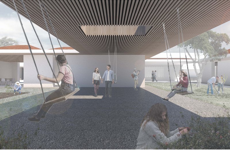 Covered outdoor space with slatted timber ceiling, rope swings, and children playing on dark gravel