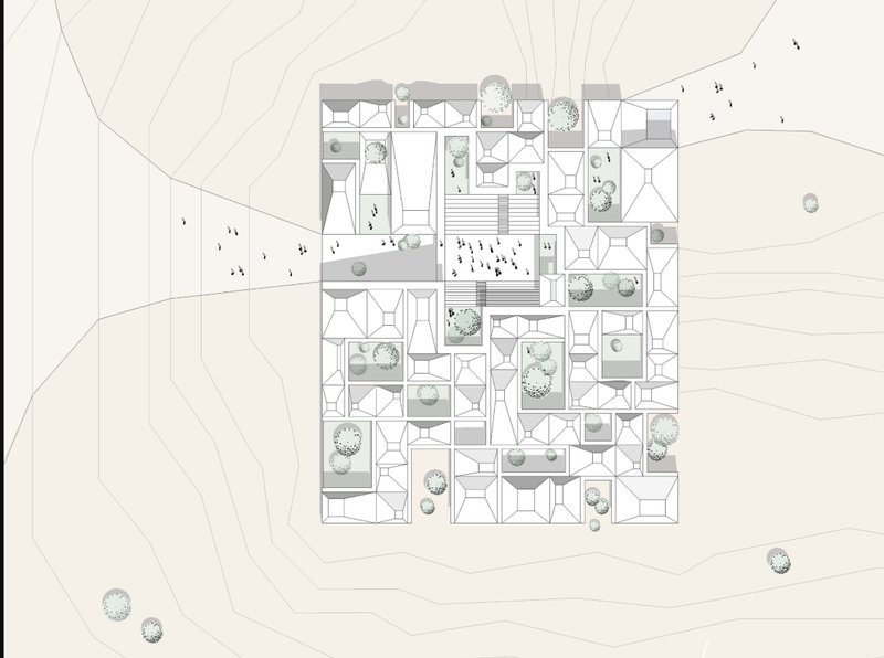Site plan drawing showing a grid of housing units with courtyards and scattered trees on contoured terrain
