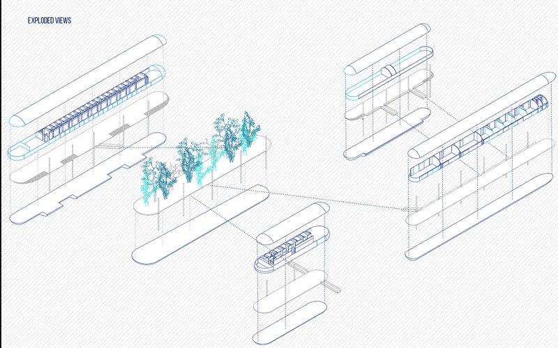 Exploded Architectural View – Modular breakdown showcasing the structural and spatial composition of the floating school.