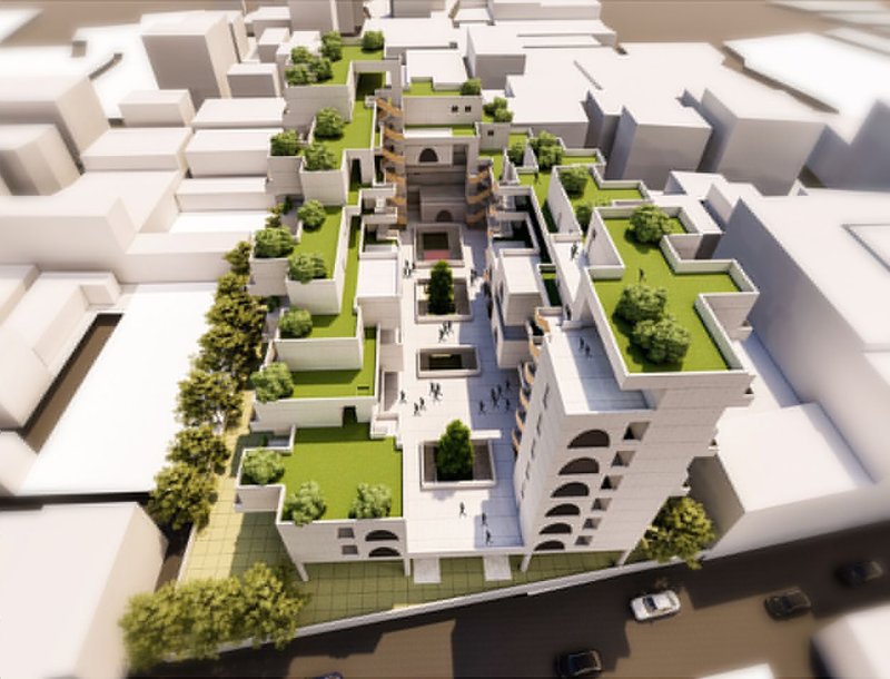 Skyline Harmony – Aerial view showcasing sustainable rooftop gardens.