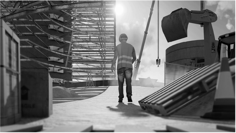 Construction in Progress – A worker navigating the dynamic construction site of the cemetery.