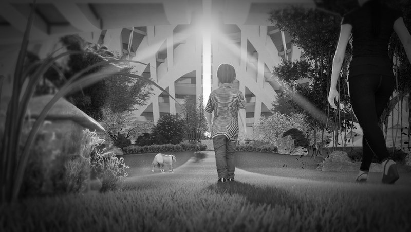 Green Sanctuary – A peaceful park beneath the suspended structure, merging nature and remembrance.