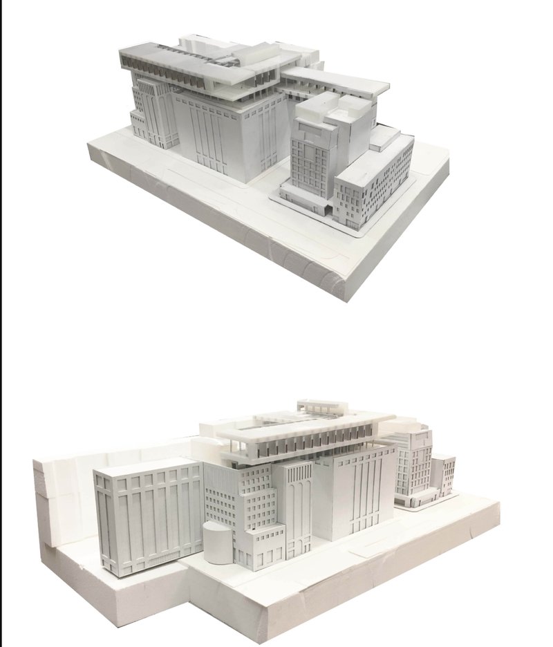 Physical model of The Bauhaus, Elevated—a conceptual design integrating urban connectivity, architectural innovation, and modernist principles.