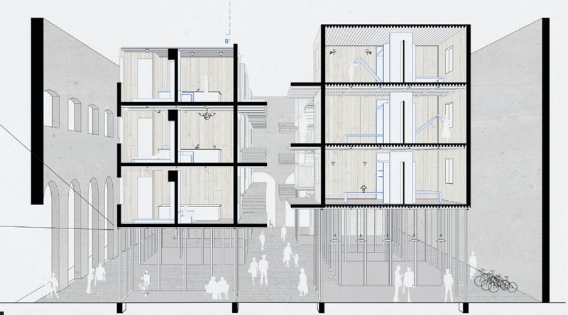 Section drawing showing residential units inserted within an existing arched arcade structure above a public ground floor