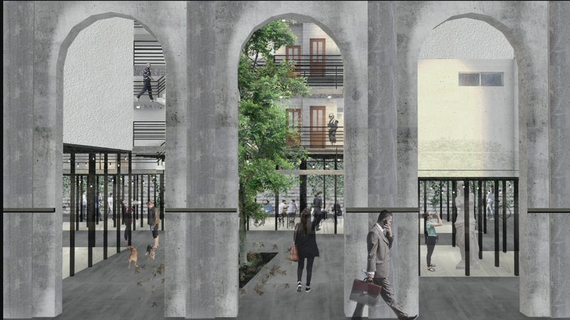 Ground floor arcade with concrete arches framing views to a central courtyard with greenery and pedestrians