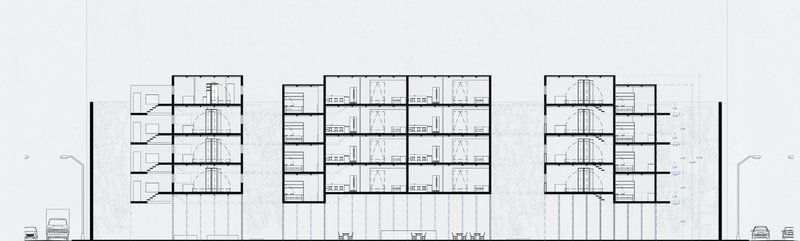 Elevation drawing depicting three residential blocks with repeating unit layouts and central circulation cores