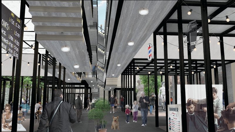 Covered street with black structural frames and concrete ceiling panels with pedestrians and a barber pole