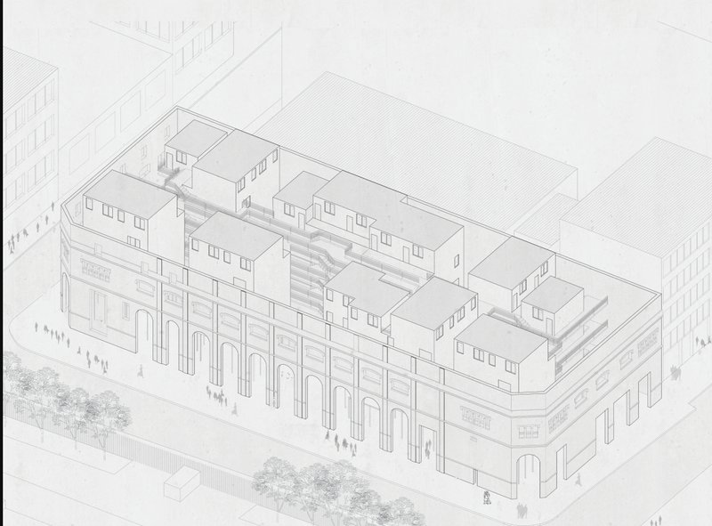 Axonometric drawing showing a block with arched facade and stacked residential volumes behind it