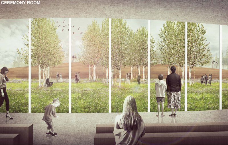 Ceremony Room Perspective – A contemplative space offering panoramic views of the natural burial meadow.