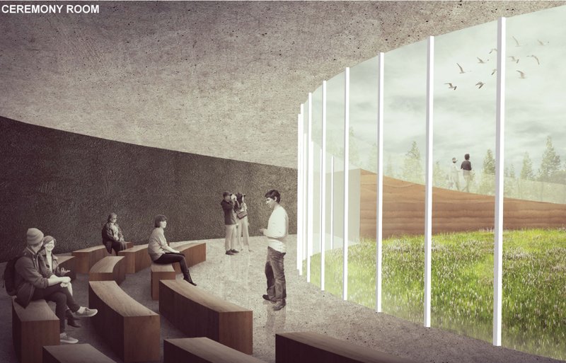 Interior Ceremony Space – A modern, minimalistic room designed for reflection and farewell rituals.