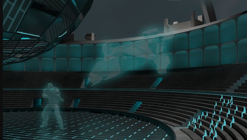 Futuristic Arena Experience: Spectators engage with interactive gaming in a fully digitized colosseum.