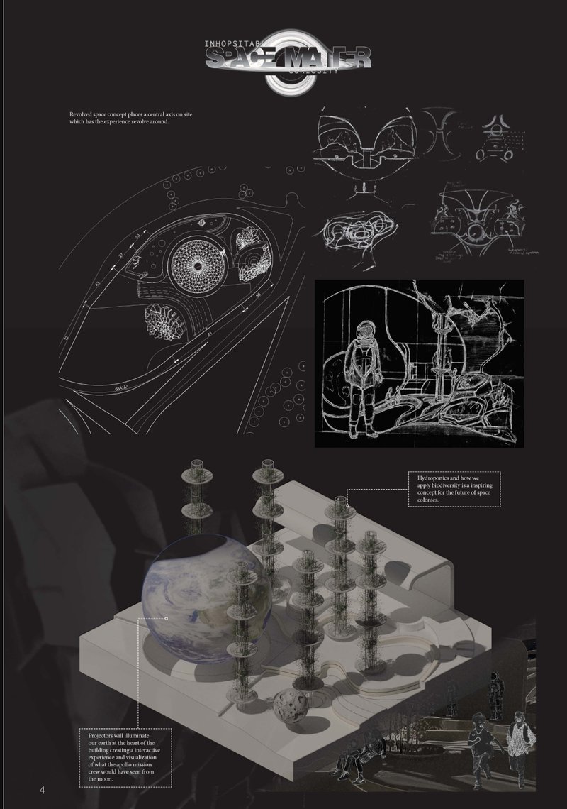Conceptual Space Planning – A central axis revolves around an interactive experience of space colonization.