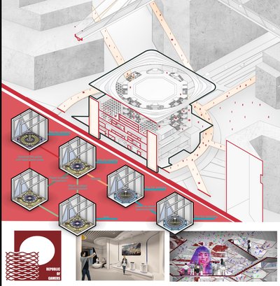 This architectural image presents an exploded axonometric diagram of a futuristic gaming arena. It s