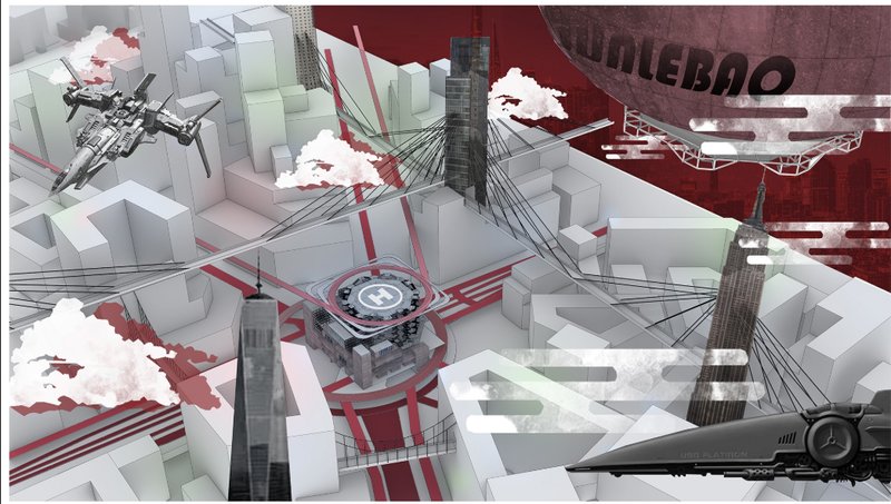 &nbsp; &nbsp;A speculative urban environment featuring the esports arena connected through aerial and vertical transportation networks.