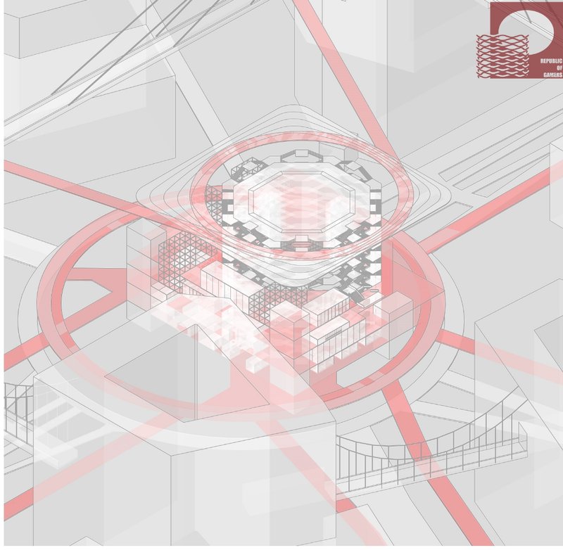 &nbsp; Zoning Breakdown of Multi-Layered Arena Diagram illustrating functional zones within the arena—solo, competitive, cooperative, and transportation spaces.