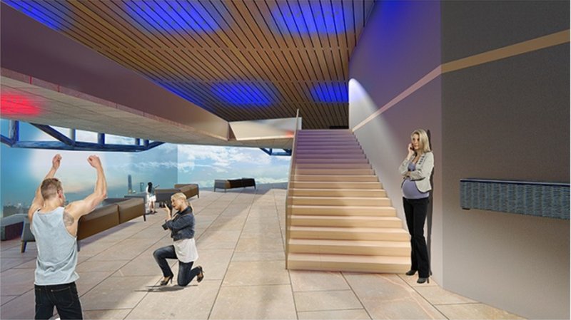 &nbsp;An open gathering space fostering casual interaction and real-time spectator experiences in a futuristic interior.