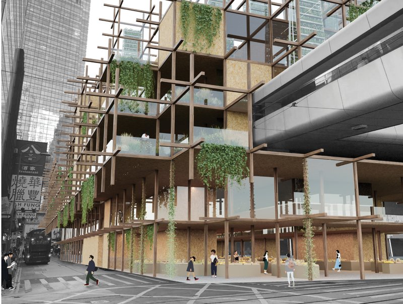 A welcoming public interface: lush greenery, food markets, and wooden volumes activate the urban street corner.